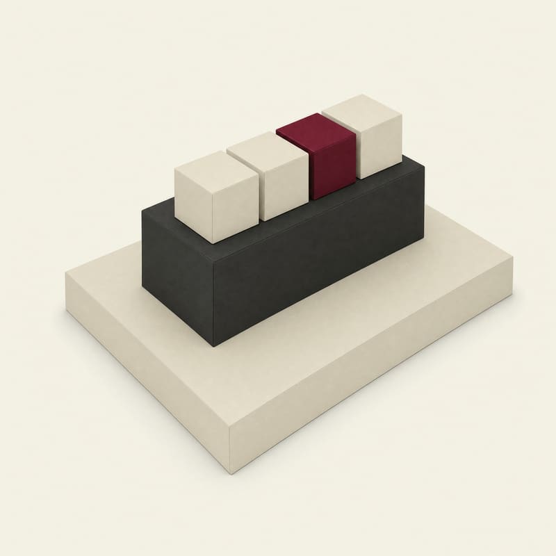 Render 3D sobre fundo claro: uma base de concreto claro, um bloco preto sobre ela e quatro cubos em cima, um deles bordô.