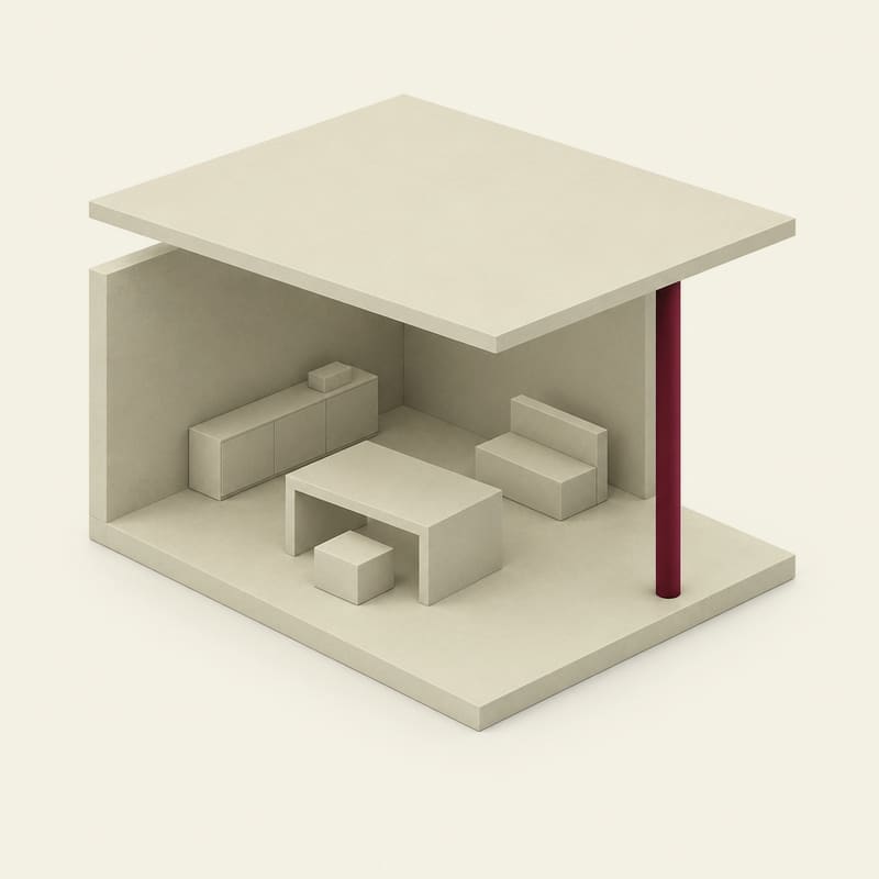 Render 3D sobre fundo claro: uma sala aberta em corte, com móveis em volumes claros e um pilar bordô sustentando a laje.