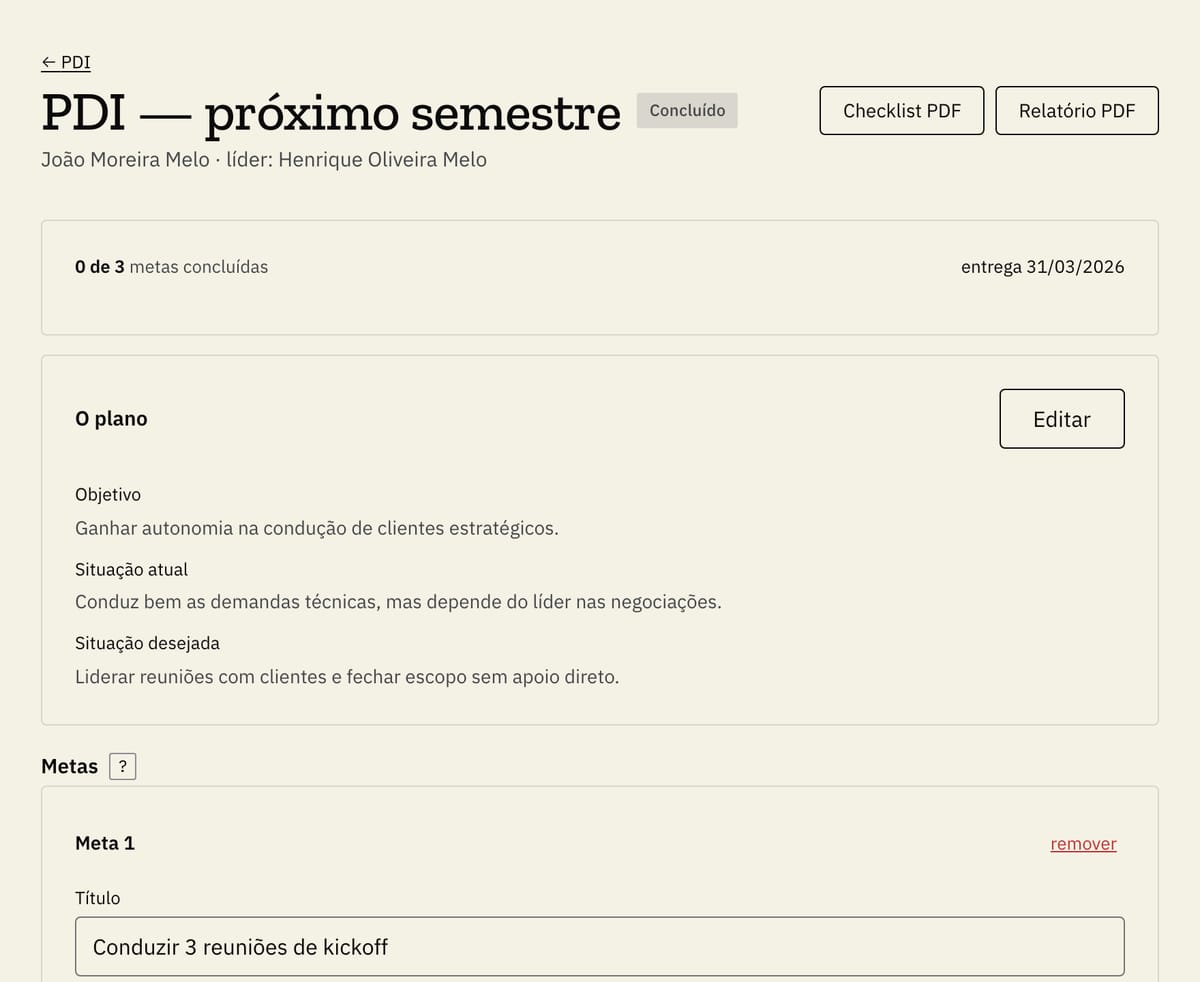 Tela de um PDI no Lasso: o objetivo, a situação atual, a situação desejada e as metas, com a exportação em PDF.