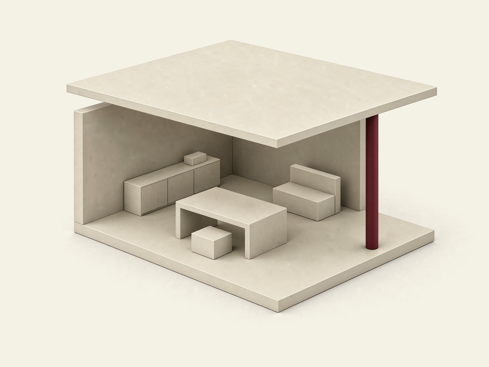 A mesma sala sustentada, em 3D: a laje alinhada sobre um pilar bordô.